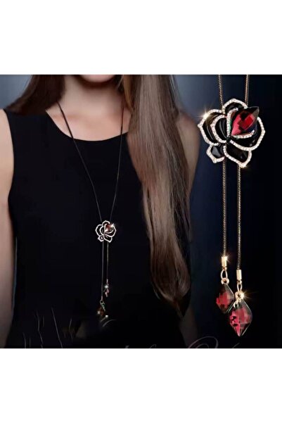 Alsade Kore Stil Kırmızı Çiçek Gold Siyahuzun Zincir Kolye