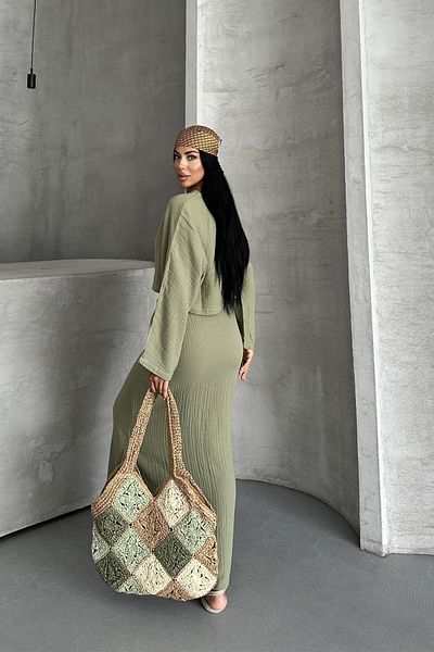 İstangül Butik Soft Moss Summer Cool Muslin Suit Relaxed Fit and Tril Texture