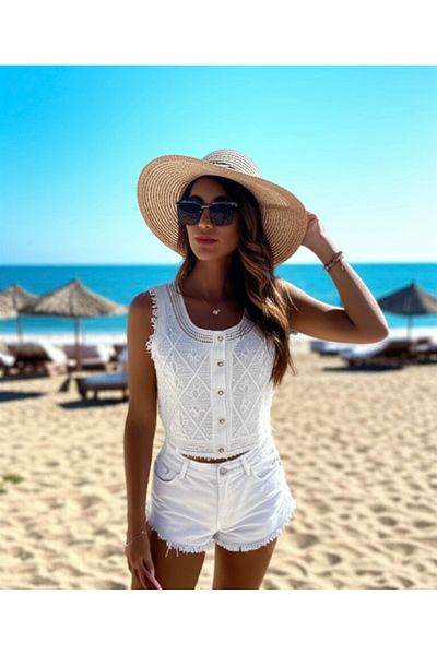 rengamoda Women's Lace Detail Buttoned Knitwear Vest