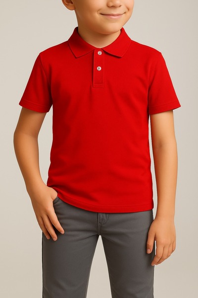 FATELLA تيشيرت مدرسي أحمر بأكمام قصيرة وياقة بولو للأطفال من الجنسين