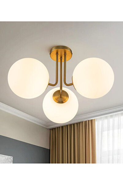 burenze Modern Tasarım Tavana Sıfır Emma Beyaz Glop Camlı Avize Salon Mutfak Oturma Odası Avize Eskitme Gold