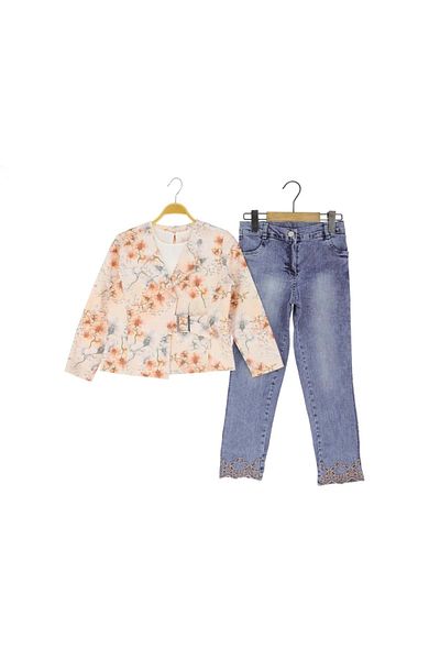 atabay Flowered Jacket 3-Piece Girl's Set Powder