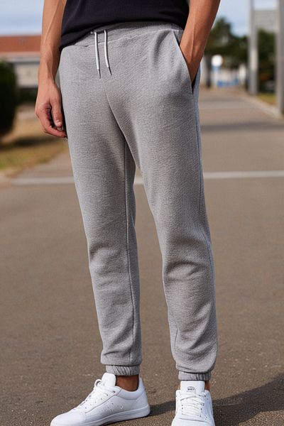 Elemge Βαμβακερό ανδρικό παντελόνι Jogger Γκρι Relax Fit Κορδόνι με τσέπες Κανονική άνετη εφαρμογή Μαλακό κλειδί 3 κλωστών
