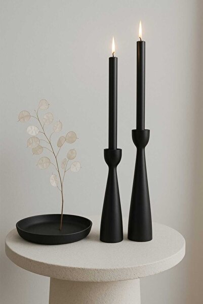 mebaconcept El Yapımı Siyah Ahşap Şamdan Seti (2'Lİ) – 20 Cm & 17.5 Cm – Rustik Dekoratif Mumluk