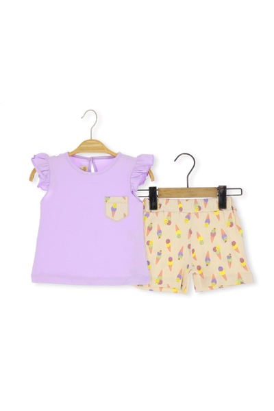 atabay طقم بناتي مع شورت مطرز بجيب مجمد ليلك