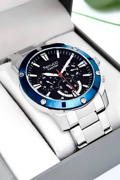 Ferrucci Function Men Wrist Watch Silver-Blue Steel Band 3Atm Water Resistant Sdfer093