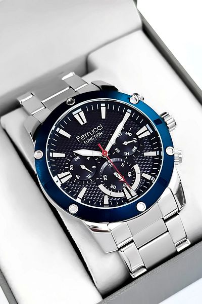 Ferrucci Function Men Wrist Watch Silver-Blue Steel Band 3Atm Water Resistant Sdfer093
