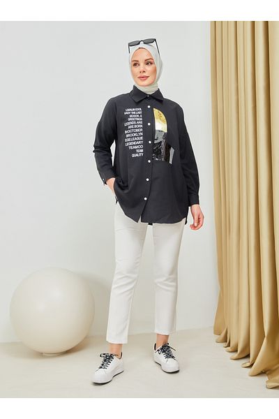 SAHRA BUTİK Black Embroidery and Stone Printed Tunic - Sahra Butik