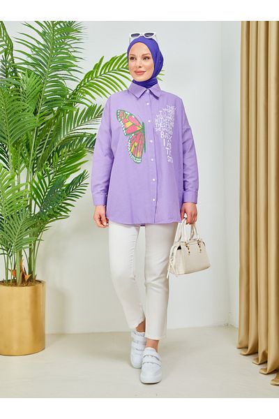 SAHRA BUTİK Lilac Stone Embroidered Butterfly Embroidered Tunic - Sahra Butik