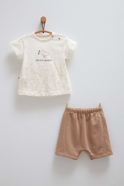 Caramell All Day Airplane Printed Tshirt Shorts Set Cream