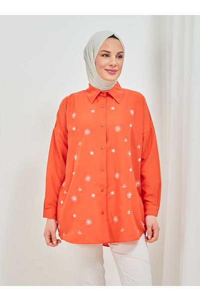SAHRA BUTİK Orange Daisy Embroidered Pearl Tunic - Sahra Butik