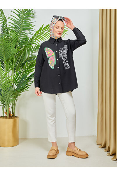 SAHRA BUTİK Kelebek Nakışlı Baskı Taş İşlemeli Tunik - Siyah - SAHRA BUTİK