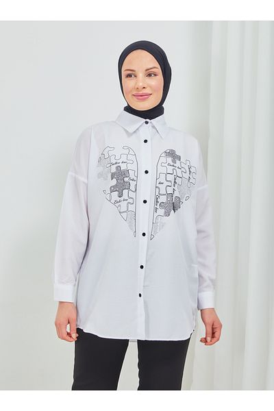 SAHRA BUTİK Heart Printed Puzzle Stone Tunic - White - Sahra Butik