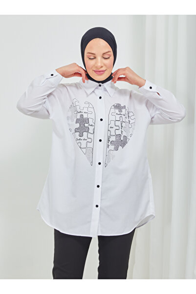 SAHRA BUTİK Heart Printed Puzzle Stone Tunic - White - Sahra Butik
