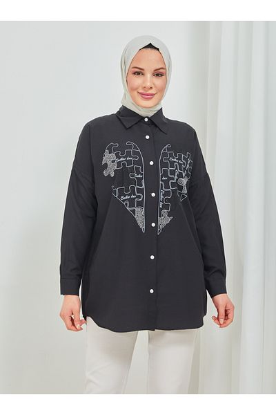 SAHRA BUTİK Heart Printed Black Stone Embroidered Tunic - Puzzle - Sahra Butik