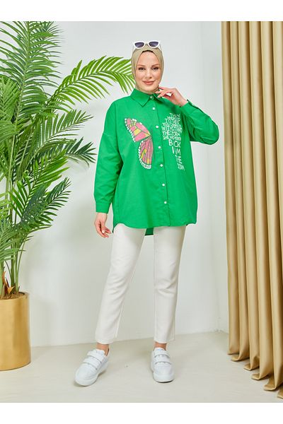 SAHRA BUTİK Green Butterfly Embroidered Stone Embroidered Tunic - Sahra Butik