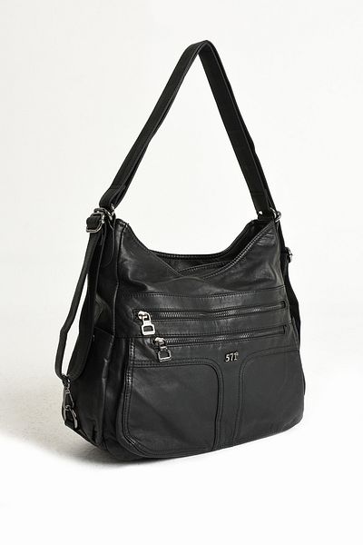 571 Collections Çanta Piele spălată atât rucsac, cât și geantă de umăr neagră (model: 571-9-10D)