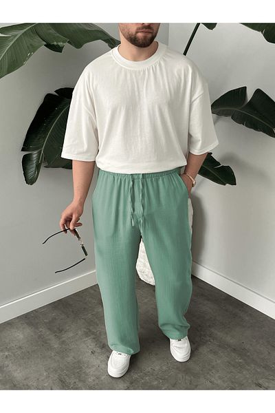 DEEPSENSE Men's Green Summer Muslin Linen Cotton Fabric Relaxed Fit Pantalon