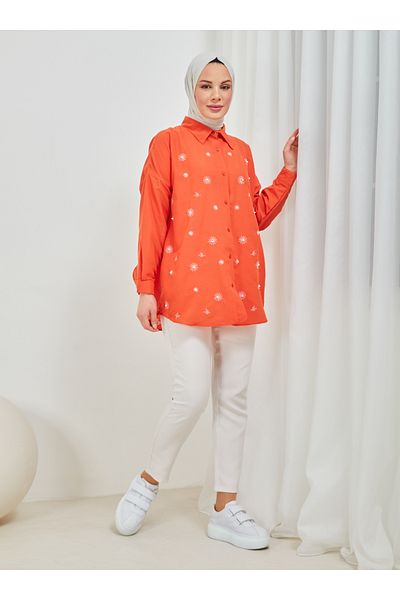 SAHRA BUTİK Orange Daisy Embroidered Pearl Tunic - Sahra Butik