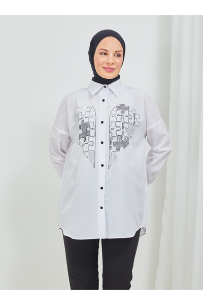 SAHRA BUTİK Heart Printed Puzzle Stone Tunic - White - Sahra Butik