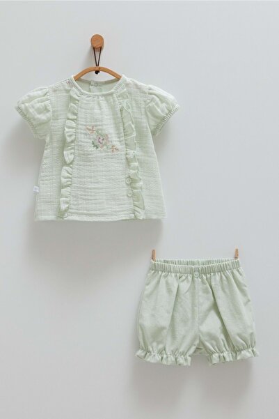 Caramell LITTLE GIRL ÖN NAKIŞLI BLUZ ŞORT TAKIM Yeşil