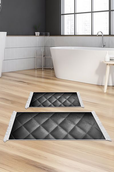 Alanur Home Αντιολισθητική βάση Djt Σετ τουαλέτας Star Cotton Fringe Geometric E5013 Μαύρο