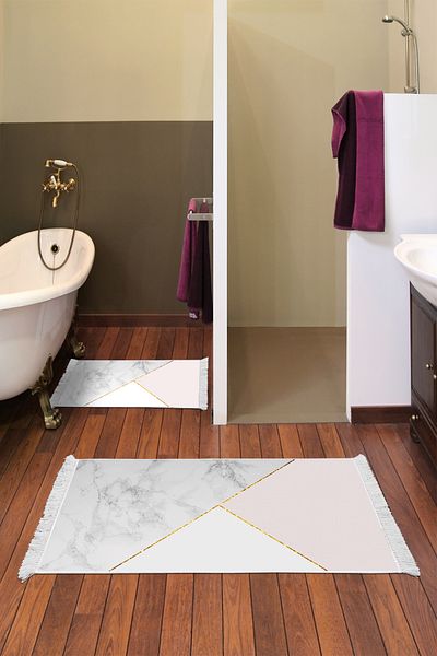 Alanur Home Αντιολισθητική βάση Djt Σετ τουαλέτας Trend Fringed Geometric E5008 Λευκό