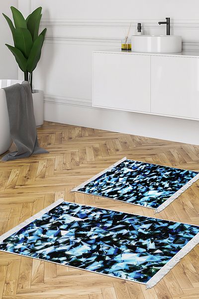 Alanur Home Αντιολισθητική βάση Djt Σετ τουαλέτας Star Leather Fringe Geometric E5012 Blue