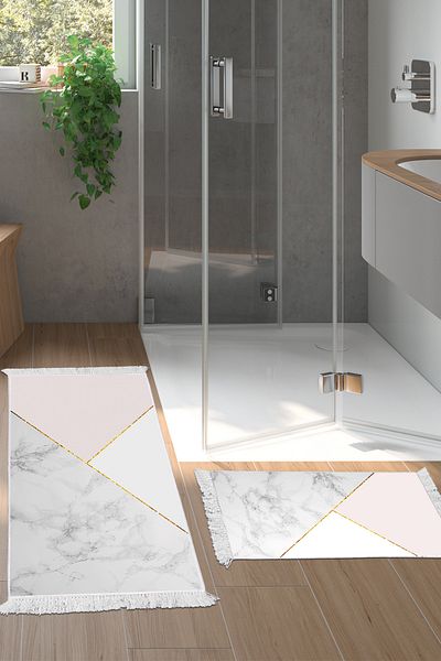 Alanur Home Αντιολισθητική βάση Djt Σετ τουαλέτας Star Leather Fringe Geometric E5008 Λευκό