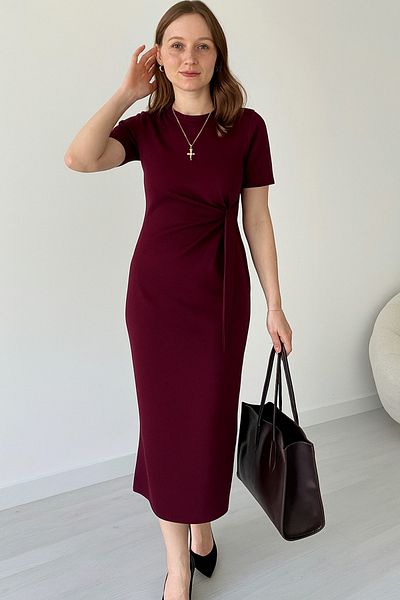 Machetta Women's Burgundy Modal Fabric Side Tie Detail Dress Daçem Hira