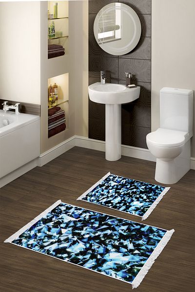Alanur Home Αντιολισθητική βάση Djt Σετ τουαλέτας Trend Fringed Geometric E5012 Blue