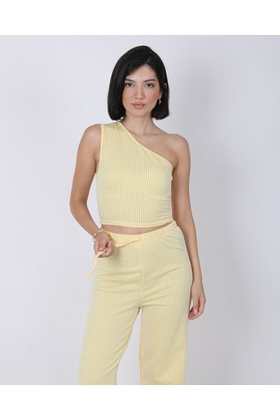 DEQ FASHION Women's Yellow Striped One Shoulder Crop Pants Bottom Top Set
