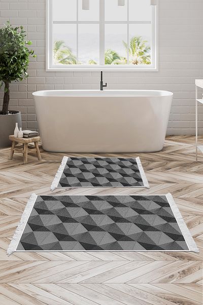 Alanur Home Αντιολισθητική βάση Djt Σετ τουαλέτας Star Cotton Fringe Geometric E5010 Grey
