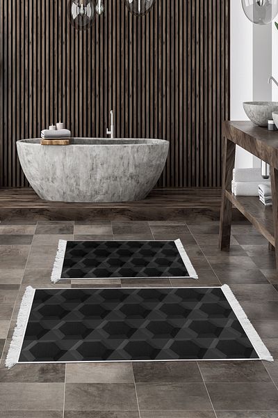 Alanur Home Αντιολισθητική βάση Djt Σετ τουαλέτας Star Leather Fringe Geometric E5016 Μαύρο