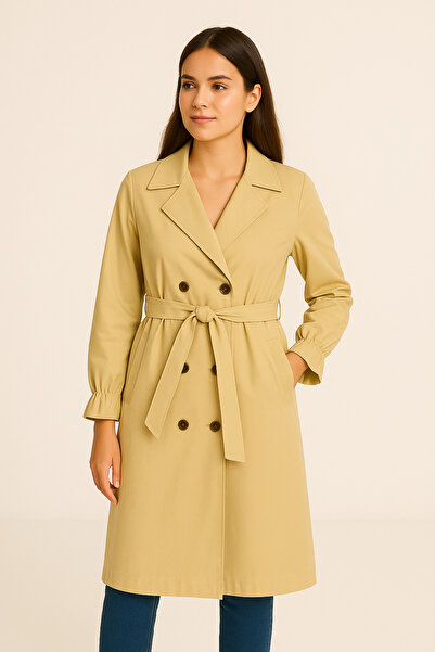 Fien Kadın Kruvaze Yaka Kuşaklı Trençkot – Krem Renk