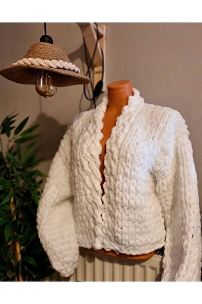 Zuviel Deco Handmade White Puffy Fleece Chunky Cardigan Jacket
