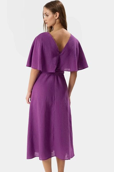 PayBuy A-Line Linen Look Midi Dress Short Angel Sleeve Lined Cape Detail Modern Style
