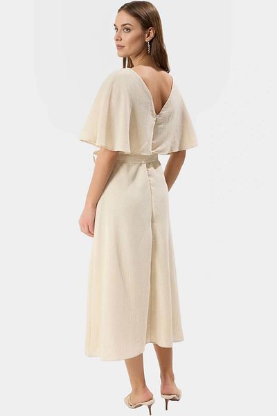 PayBuy A-Line Linen Look Midi Dress Short Angel Sleeve Lined Cape Detail Modern Style