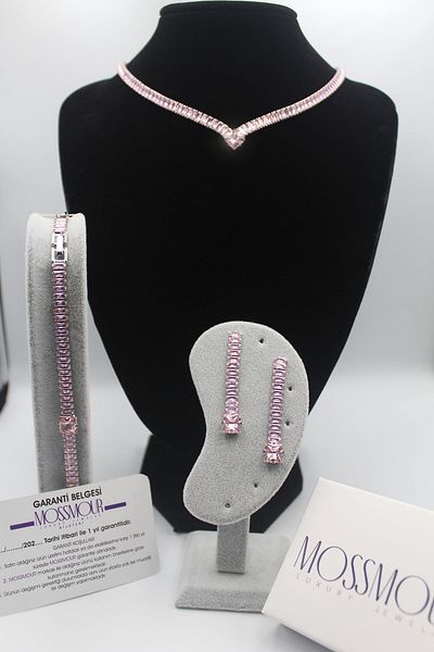 MOSSMOUR Pink Stone Waterway Zircon Necklace Bracelet Earrings Special Occasion Jewelry Set
