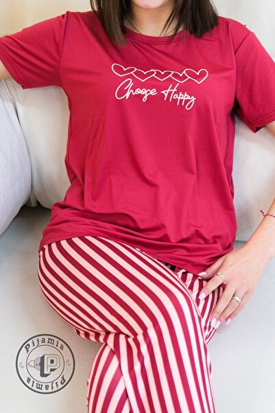 Pijamia Fuchsia Stripe Patterned Short Sleeve Women's Pajama Set