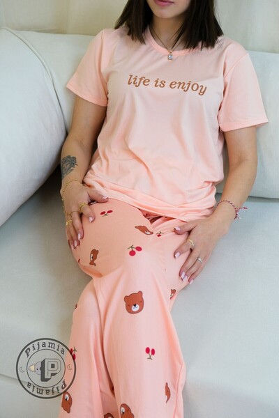 Pijamia AÇIK PUDRA AYICIK KİRAZ DESENLİ KISA KOL KADIN PİJAMA TAKIMI