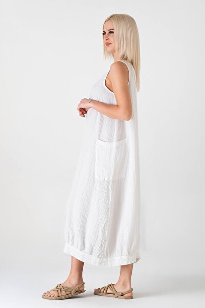 Fashion Showcase Muslin Fabric 100% Cotton Sleeveless Summer Casual Authentic Dress White