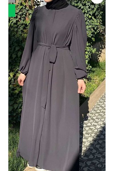 Bayram Giyim Medina Silk Shoulder Gathered Balloon Sleeve Ferace Dark Gray