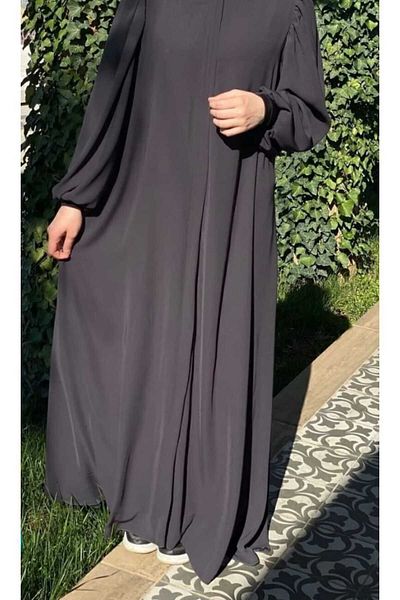 Bayram Giyim Medina Silk Shoulder Gathered Balloon Sleeve Ferace Dark Gray