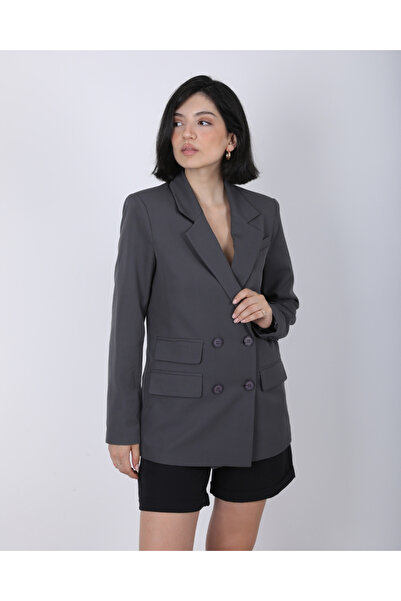 deqfashion Kadın Antrasit Kruvaze Düğme Detaylı Oversize Blazer Ceket