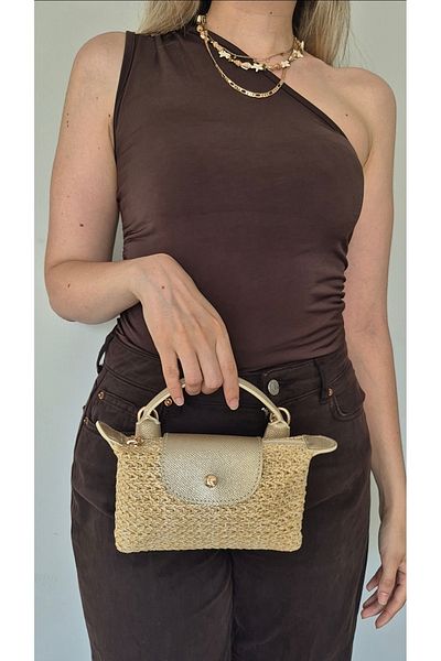 İzel Çakran Georgina Gold Cover Detailed Summer Mini Straw Hand & Shoulder Bag