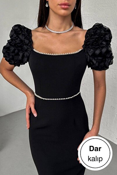 Glysso فستان سهرة أسود بتصميم خاص مزين باللؤلؤ وأكمام بالونية