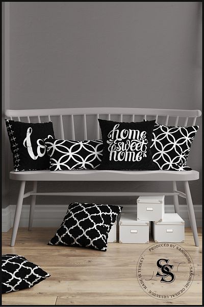 SasoHome Husă de pernă cu imprimare digitală, 4 bucăți, cu dragoste - model Home Sweet Home pe fundal negru