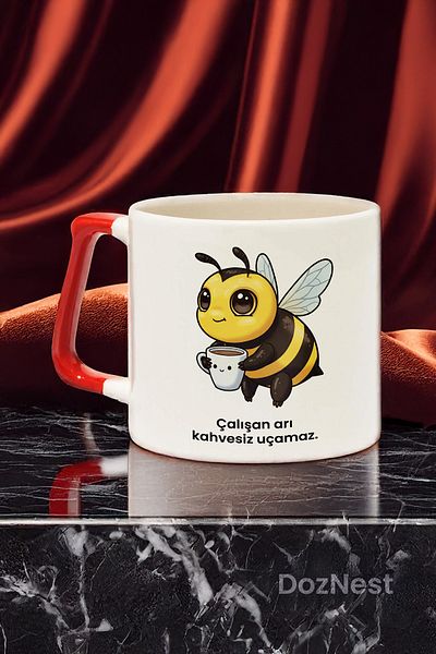 DozNest "The Working Bee Can'T Fly Without Coffee." Written Red Handled Mug - Gift Coffee Glass Dza92