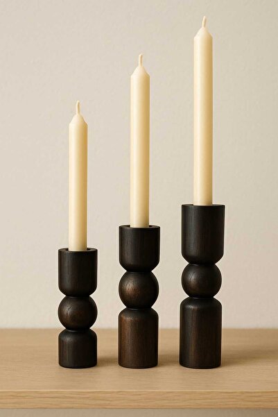 mebaconcept Doğal Ahşap Siyah Renk Şamdan Seti 17.5cm & 15cm & 12.5 , El Yapı...